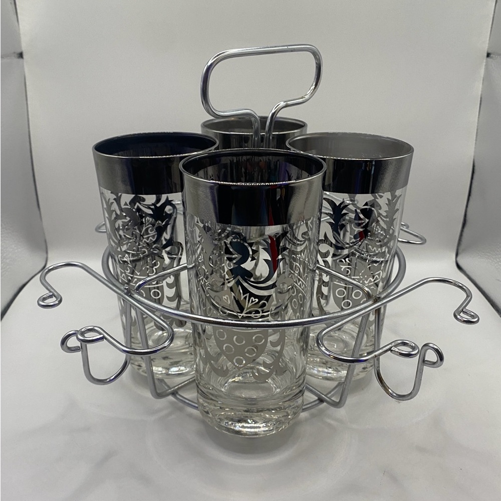 Vintage Mid Century Modern Highball Glass Set w/ Chrome Caddy